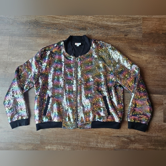 LuLaRoe Jackets & Blazers - LULAROE ELEGANT STEVIE BOMBER JACKET size XL Rainbow Sequins Zipper Pocket